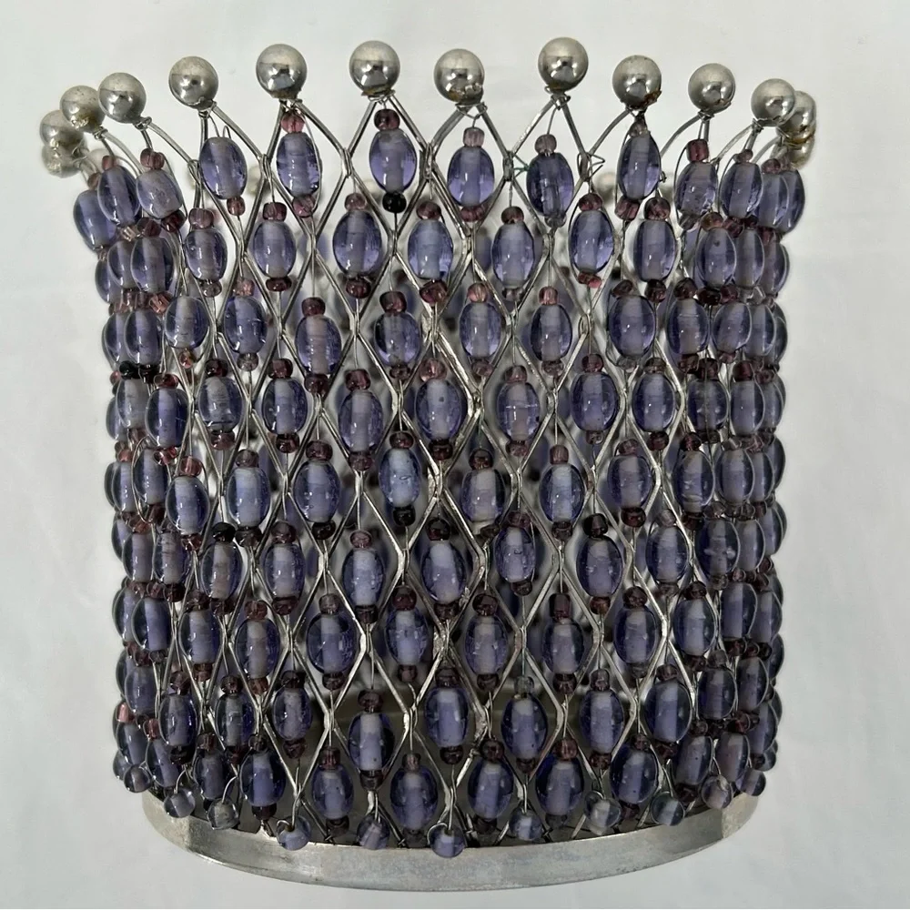 Wine Caddy Water Caddy Candle Holder purple and silver Beads 4.5”‎ x 5”